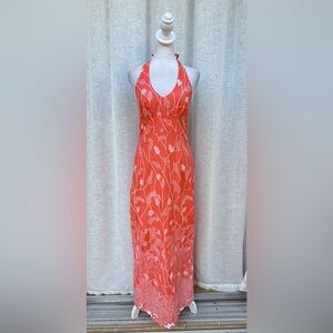 Tori Richard Honolulu orange coral white floral open back halter maxi dress